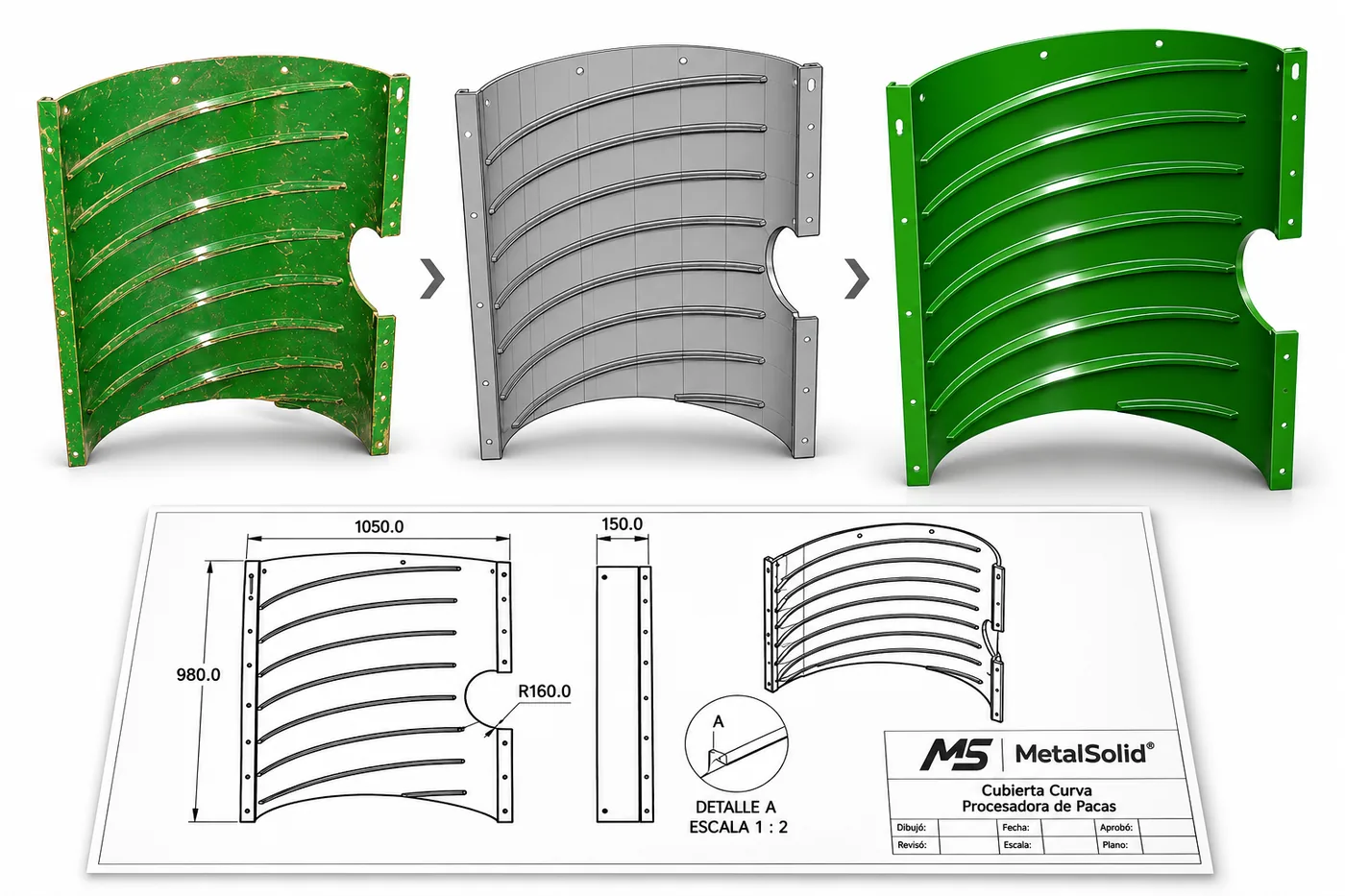Reverse engineering process: worn part, 3D model, new part and manufacturing drawing